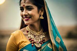 en kvinna i en traditionell sari och Smycken. ai-genererad foto