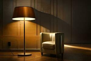 en stol och lampa i en rum med trä paneler. ai-genererad foto