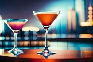 två martinis sitta på en tabell i främre av en stad horisont. ai-genererad foto