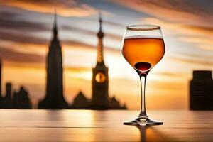 en glas av vin med de stad horisont i de bakgrund. ai-genererad foto