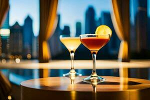 två cocktails sitta på en tabell i främre av en stad horisont. ai-genererad foto