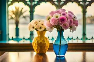 två vaser med blommor på en tabell i främre av en fönster. ai-genererad foto