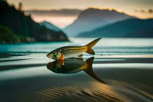 en fisk är Sammanträde på de vatten med bergen i de bakgrund. ai-genererad foto