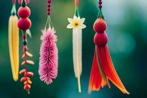 färgrik blommor hängande från en sträng. ai-genererad foto