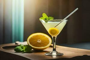 en Martini med citron- och mynta på en trä- tabell. ai-genererad foto