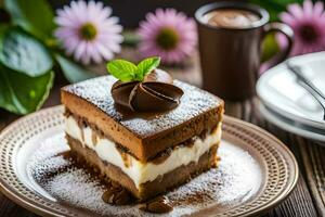 en bit av choklad kaka med vispad grädde och en kopp av kaffe. ai-genererad foto