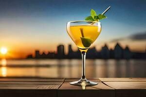 cocktail på de tabell med stad horisont i de bakgrund. ai-genererad foto
