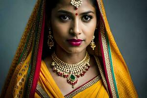 ett indisk kvinna bär en sari och Smycken. ai-genererad foto