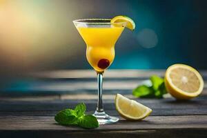 cocktail med citron- och mynta på en trä- tabell. ai-genererad foto
