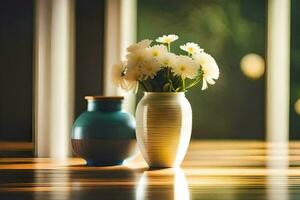 en vas med vit blommor Sammanträde på en tabell. ai-genererad foto