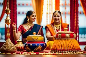 två kvinnor i traditionell indisk klädsel sitta på en tabell med färgrik dekorationer. ai-genererad foto