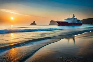 en röd båt på de strand på solnedgång. ai-genererad foto