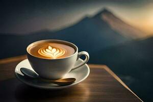 en kopp av kaffe med en berg i de bakgrund. ai-genererad foto