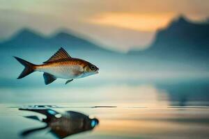 en fisk är Hoppar ut av de vatten på solnedgång. ai-genererad foto