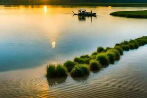 en båt på de flod på solnedgång. ai-genererad foto