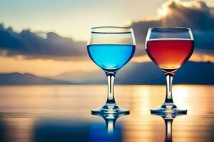 två vin glasögon med blå och röd flytande på de vatten. ai-genererad foto