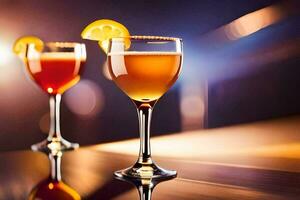 två glasögon av alkoholhaltig drycker med en skiva av citron. ai-genererad foto