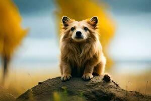 en hund Sammanträde på topp av en mound av smuts. ai-genererad foto