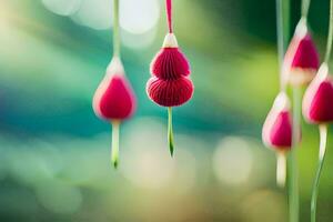 röd blommor hängande från strängar. ai-genererad foto