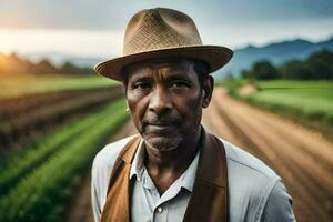 ett afrikansk man i en hatt stående i en fält. ai-genererad foto