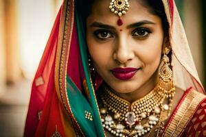 en skön indisk kvinna bär en traditionell brud- utrusta. ai-genererad foto