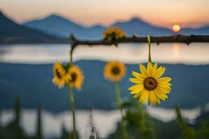 solrosor i de berg, sjö, berg, soluppgång, solnedgång, de Sol, h. ai-genererad foto