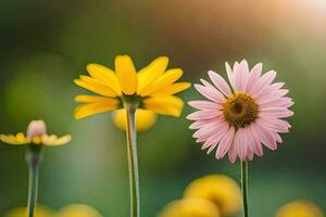 två gul och rosa blommor i en fält. ai-genererad foto