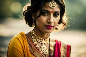 en skön indisk kvinna bär en guld halsband och Smycken. ai-genererad foto