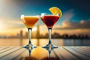 två glasögon av cocktails med solnedgång i de bakgrund. ai-genererad foto