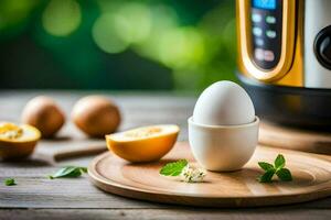 ett ägg är Sammanträde på en trä- styrelse Nästa till ett elektrisk tryck spis. ai-genererad foto