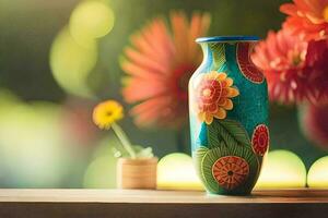 en färgrik vas med blommor på en tabell. ai-genererad foto