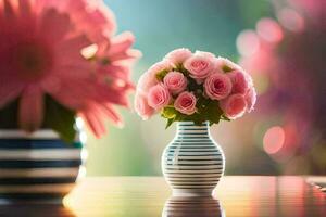 rosa ro i en randig vas på en tabell. ai-genererad foto