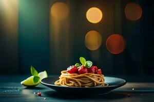 spaghetti med tomat och basilika på en svart tallrik. ai-genererad foto