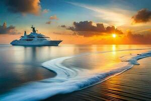 en Yacht i de hav på solnedgång. ai-genererad foto