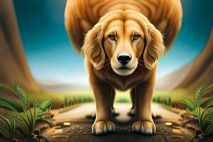 en gyllene hund är stående på en väg. ai-genererad foto