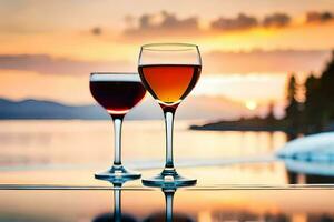 två glasögon av vin är Sammanträde på en tabell i främre av en sjö. ai-genererad foto