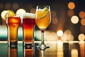 tre glasögon av öl och cider på en bar. ai-genererad foto