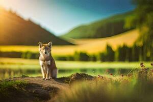 Foto tapet de Sol, natur, landskap, de skog, de sjö, de hund, de. ai-genererad