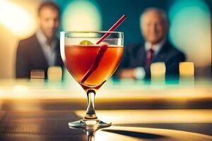 en glas av cocktail med en man i de bakgrund. ai-genererad foto