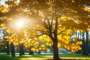 de Sol lyser genom de löv av en träd i en parkera. ai-genererad foto