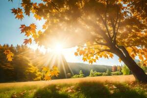 höst träd i de fält med Sol lysande. ai-genererad foto