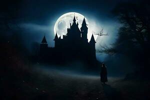 en kvinna promenader genom en mörk skog på natt med en slott i de bakgrund. ai-genererad foto
