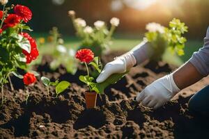 en person i handskar är plantering blommor i de trädgård. ai-genererad foto
