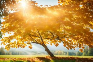 höst träd med Sol lysande genom löv. ai-genererad foto