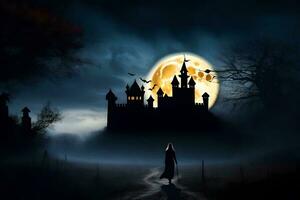 en kvinna promenader genom en mörk skog på natt med en slott i de bakgrund. ai-genererad foto