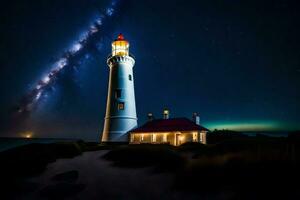 en fyr under de natt himmel med de mjölkig. ai-genererad foto