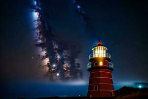 en fyr med en stjärna spår i de himmel. ai-genererad foto