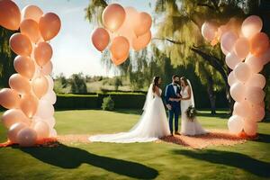 bröllop par stående i främre av en stor båge av rosa ballonger. ai-genererad foto