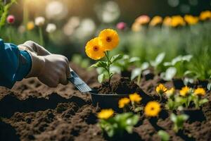 en person är plantering en blomma i de trädgård. ai-genererad foto