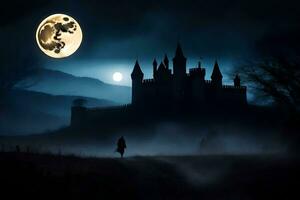 en slott i de mörk med en full måne. ai-genererad foto